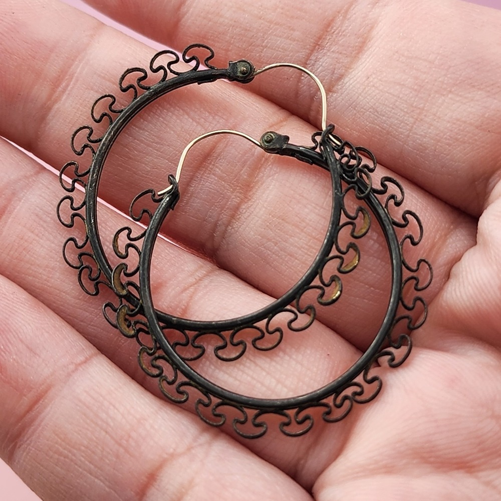 Antique Brass Tone Filigree Hoop Earrings Ornate Scroll Boho Statement Dangle